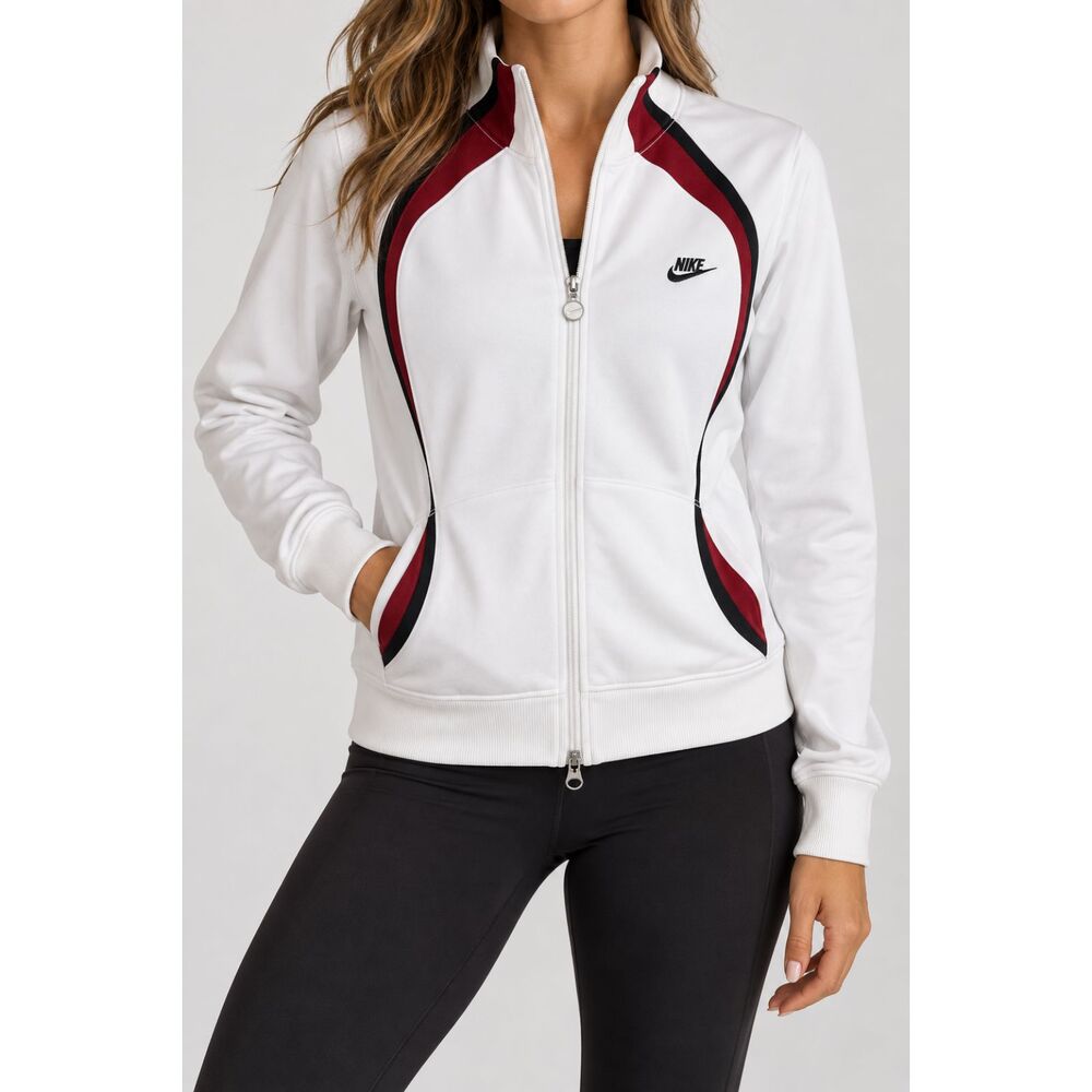 Nike Women’s L White Track Jacket Red Black Stripe Full Zip Y2K Retro 227842-101